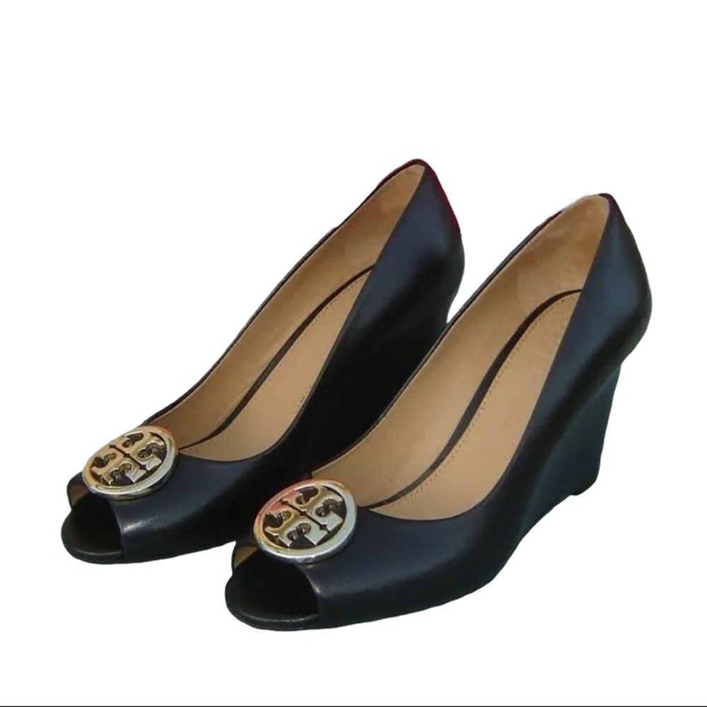 Tory Burch Benton Peep Toe Wedge Black 6.5.